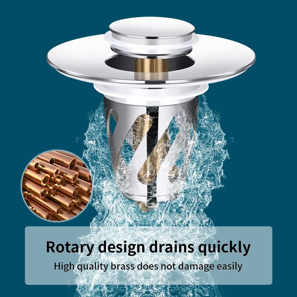 Bathroom Sink Stopper, Brass Pop Up Wash Basin Plug Cover for Bathtub drains, Anti-Clogging Bath Plug Stopper Sink Drain Strainer with Basket Spiral Drainage is Faster(Chrome) WN420