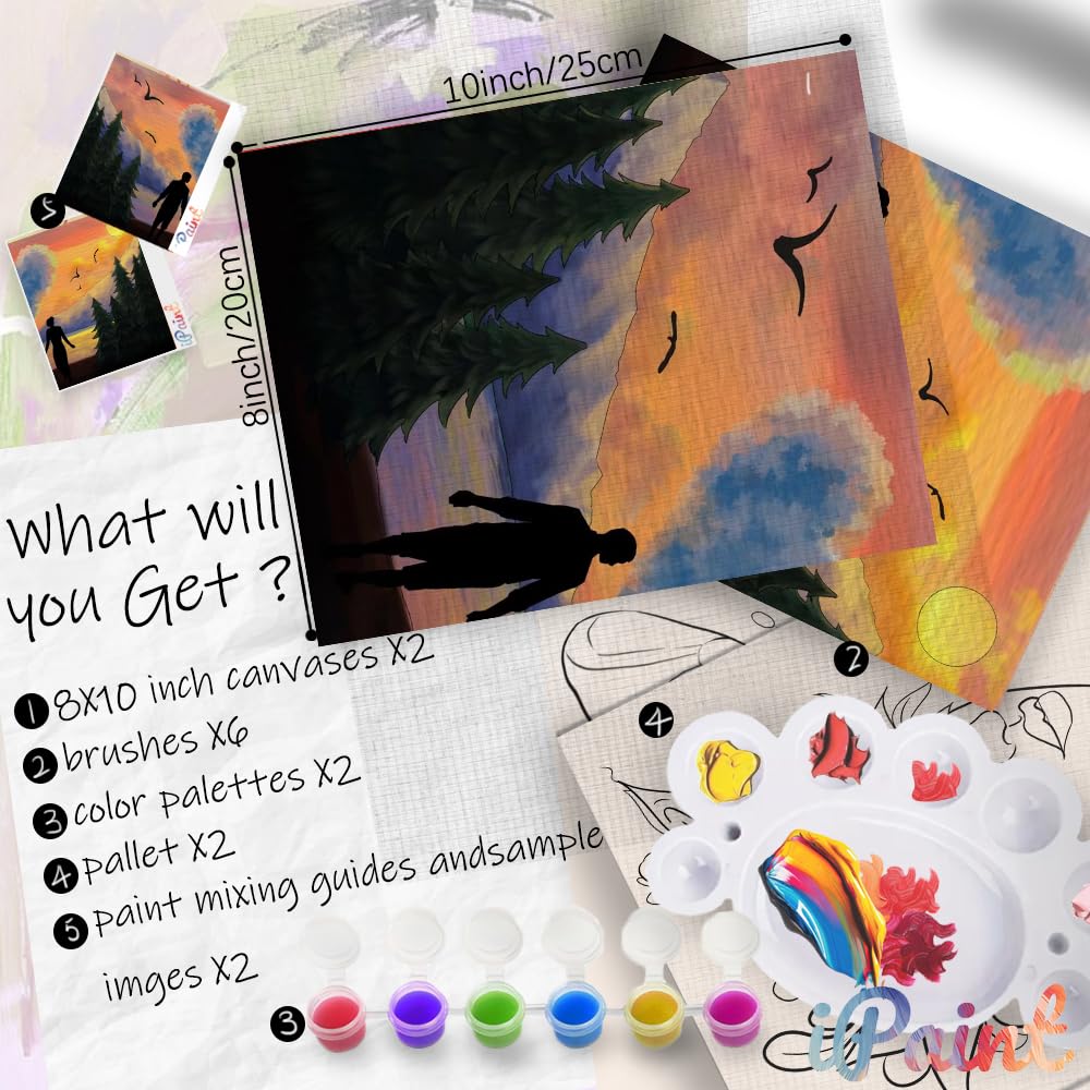 2Pcs Sip and Paint Kit for Adults,Valentines Couple Painting Kit Supplies Canvas, Pre Drawn Canvas to Paint for Date Night for Couples DIY Acrylic Painting Kits Party Favor 8×10 WN420