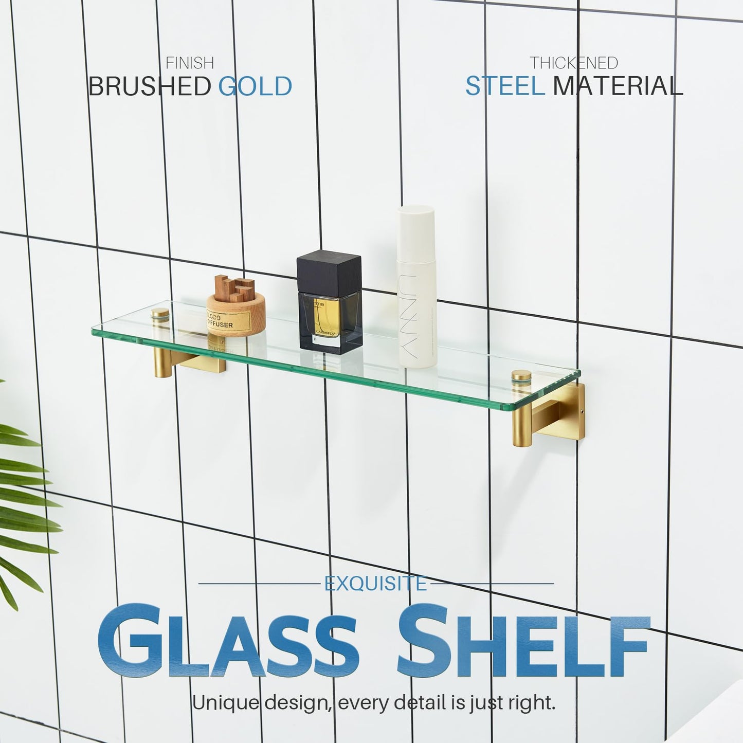 KOKOSIRI Wall Shelves Bathroom Hardware Glass Floating Shelf 12-Inch for Bedroom, Living Room, Kitchen, Hanging Rack Champagne Bronze B1105CPG-L12 BST202