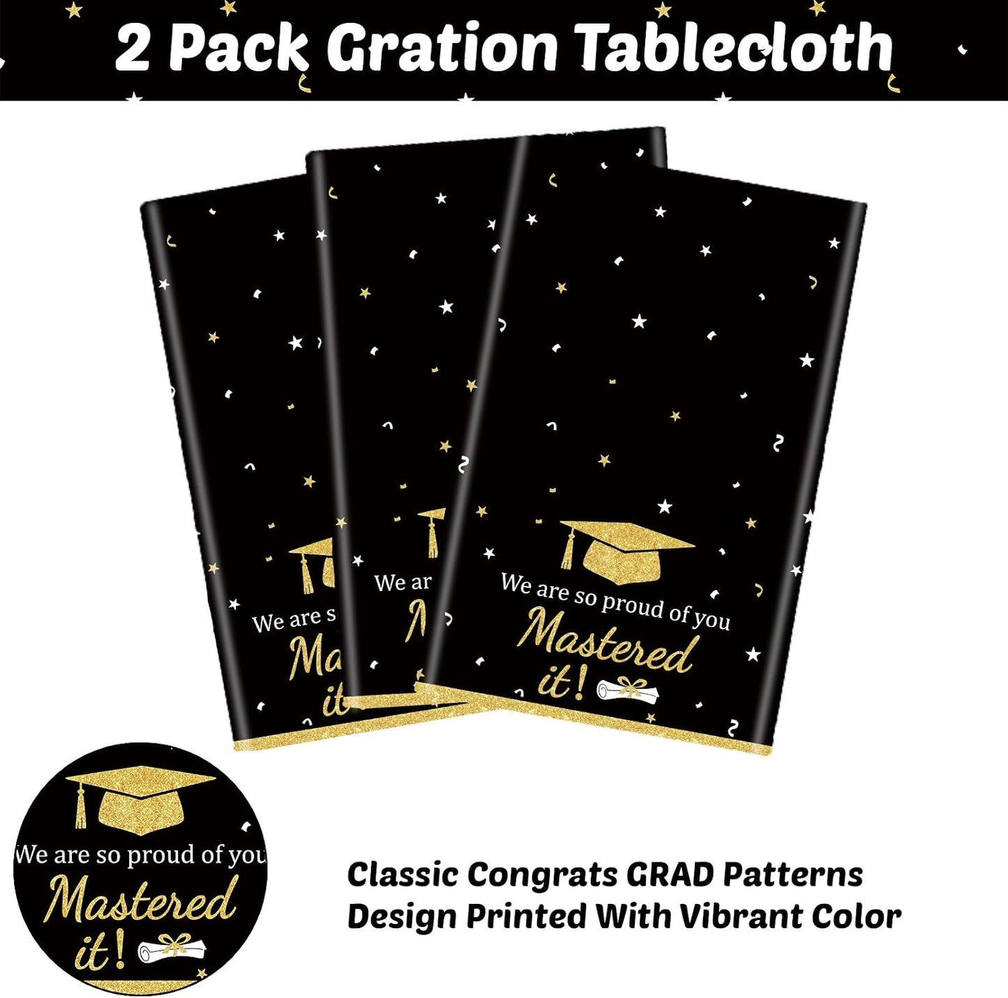 3PCS Mastered It Graduation Tablecloth Black Gold Congrats Grad Table Cover Plastic Master's Graduation Party Supplies for Class of 2026 Master College Disposable Decorations WN420
