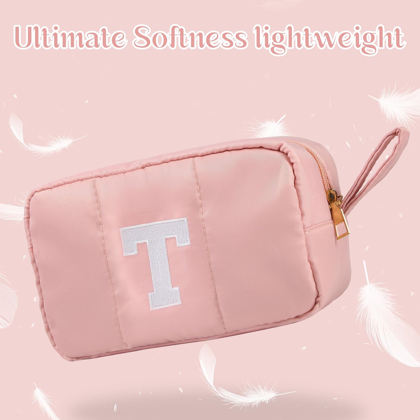 Puffy Makeup Bag for Women,Initial Cosmetic Bag,Cute Travel Toiletry Bag,Puffer Make Up Organizer Bags with Compartments,Personalized Gifts for Girlfriend Bridesmaid Teacher Graduation (Khaki gray, E) BST202