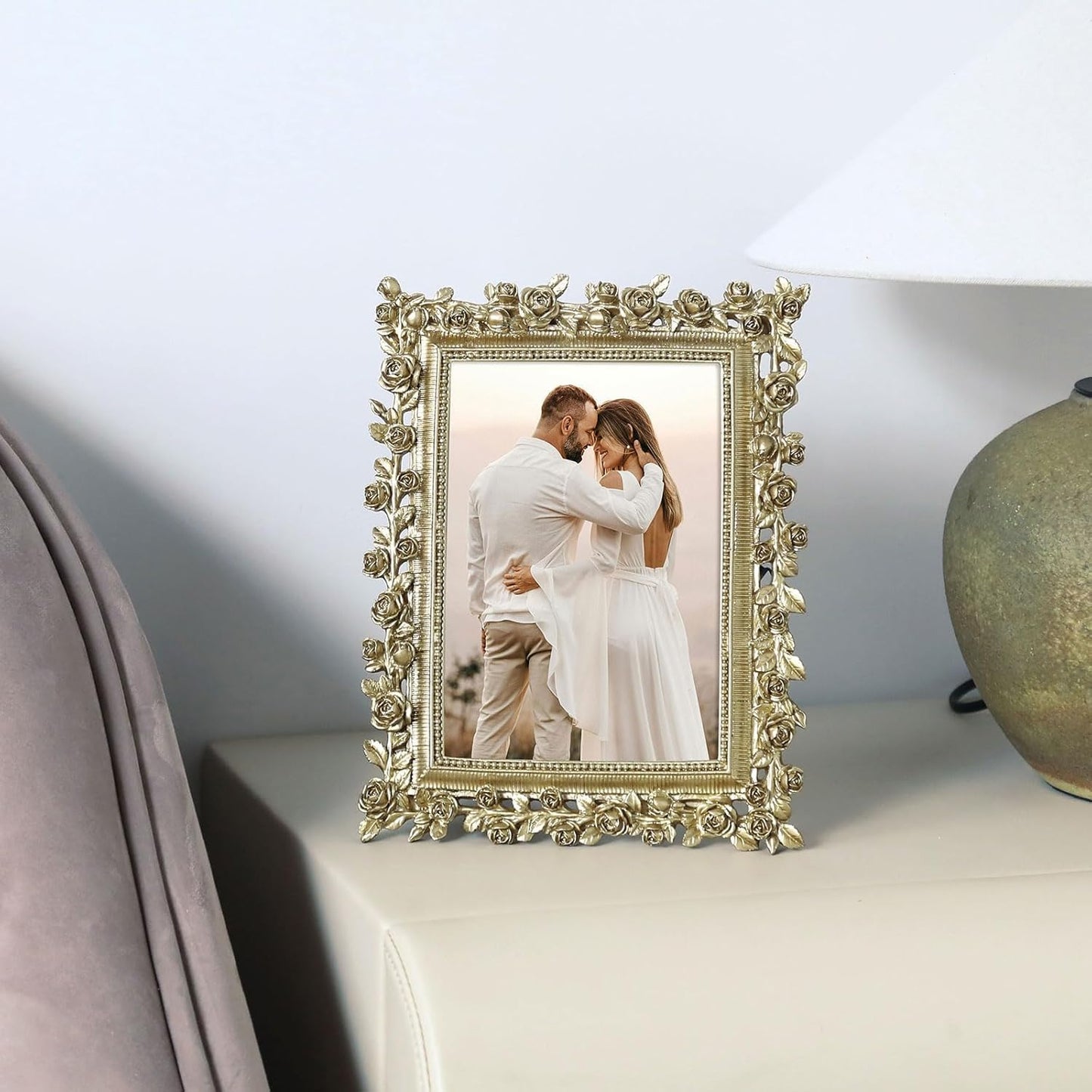 5x7 Wedding Picture Frame Gold,2 Pack Small Frame for Gallery Decor | Durable Resin Material,Tabletop & Wall Display,Real Glass,Rose Floral Design,Antique Brass Finish,Wedding Arrangement Decor BST326H