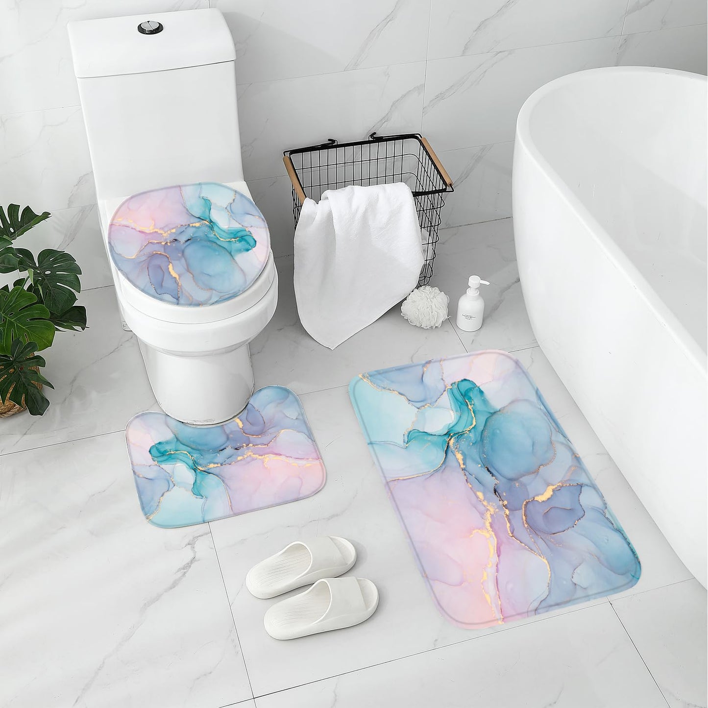 Gibelle 4 Pcs Bathroom Shower Curtain Set with Non-Slip Rugs, Toilet Lid Cover and Bath Mat, Grey Blue Marble Bathroom Decor Set with Shower Curtain and Rugs and Accessories BST326H