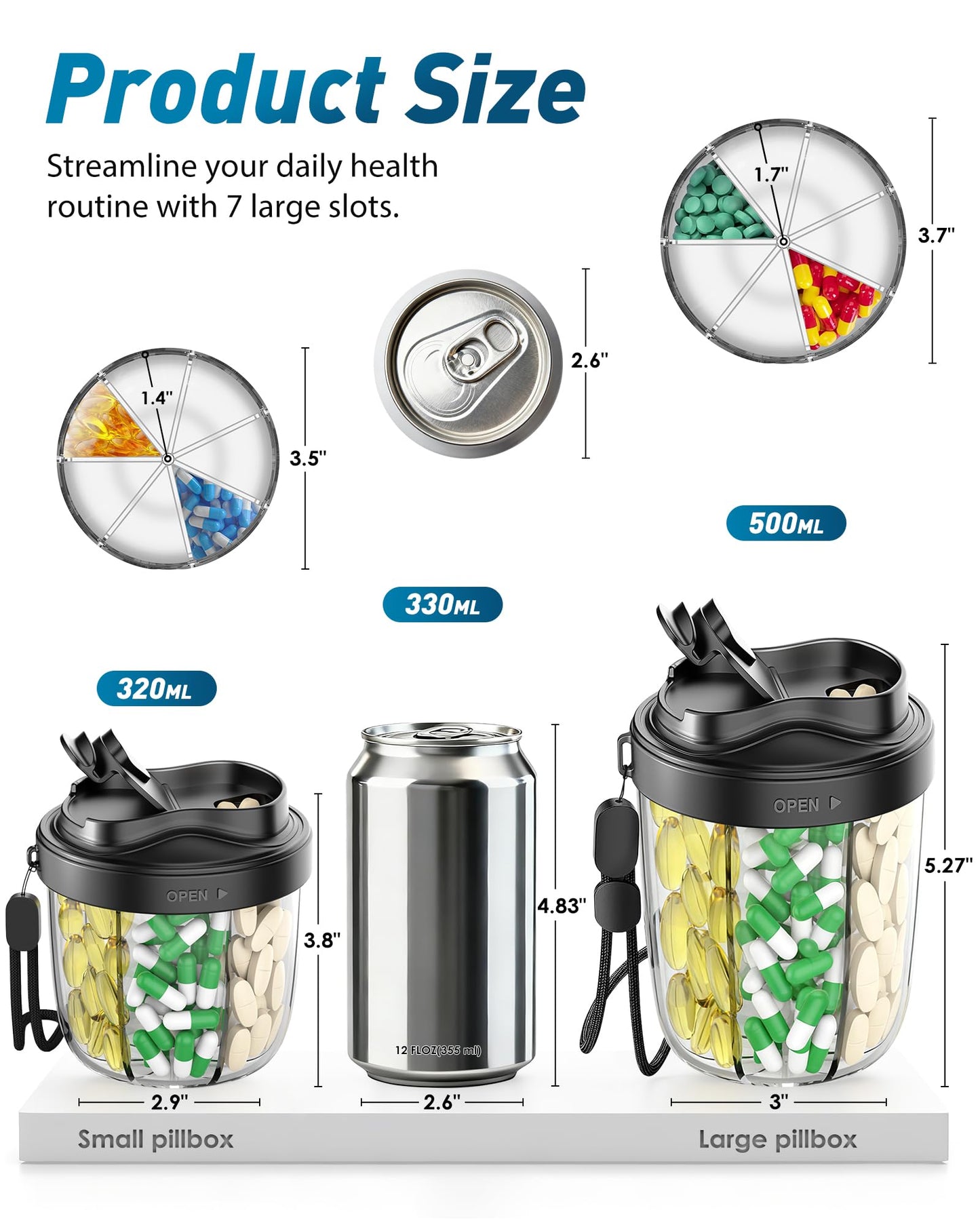 Pill Dispenser with 7 Large Compartments - Portable Pill Organizer for Travel, Anti-Mix Design & Wide Opening Design, Easy Access to Vitamin Dispenser, Includes 20 Blank Stickers (White) WN420