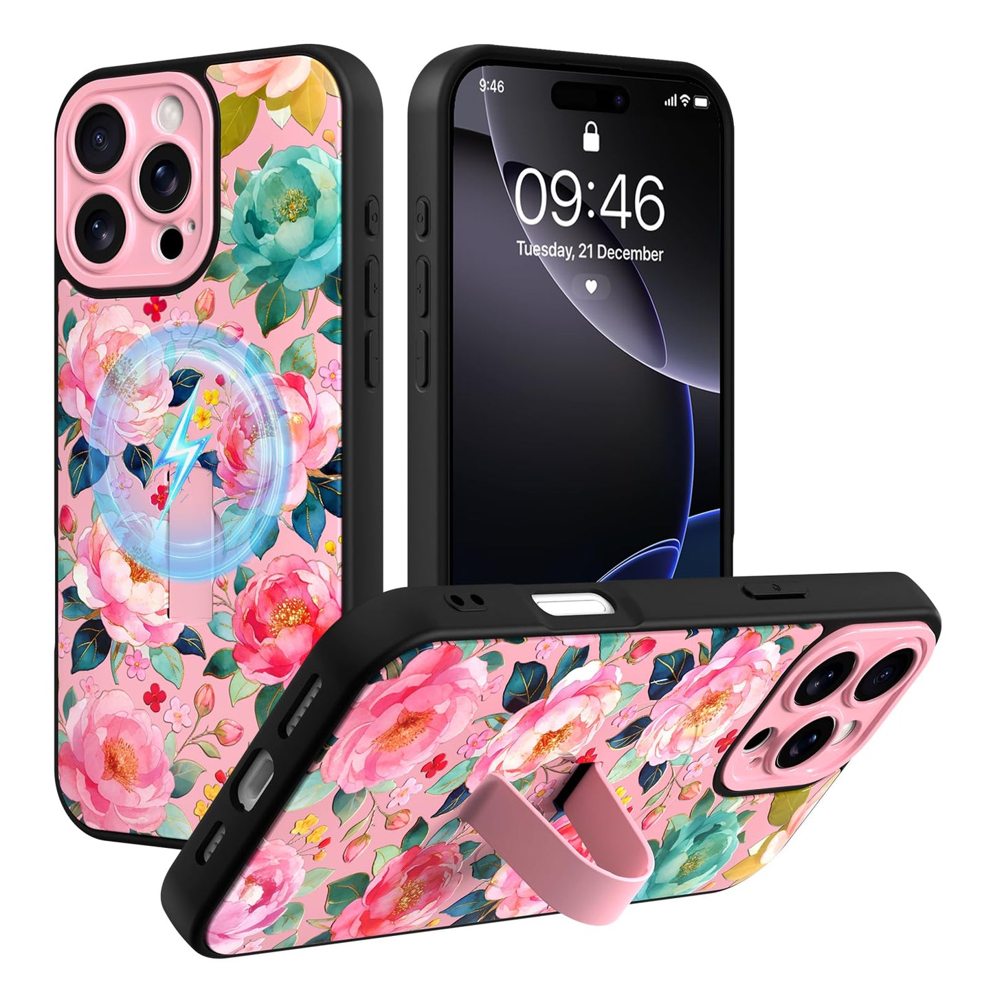 Compatible with iPhone 13 Case, Cute Cheetah Leopard Pattern | Built in Adjustable Wrist Strap Grip Hand Holder Stand Shockproof Kickstand Cover for Women Girls (Black White) WN420