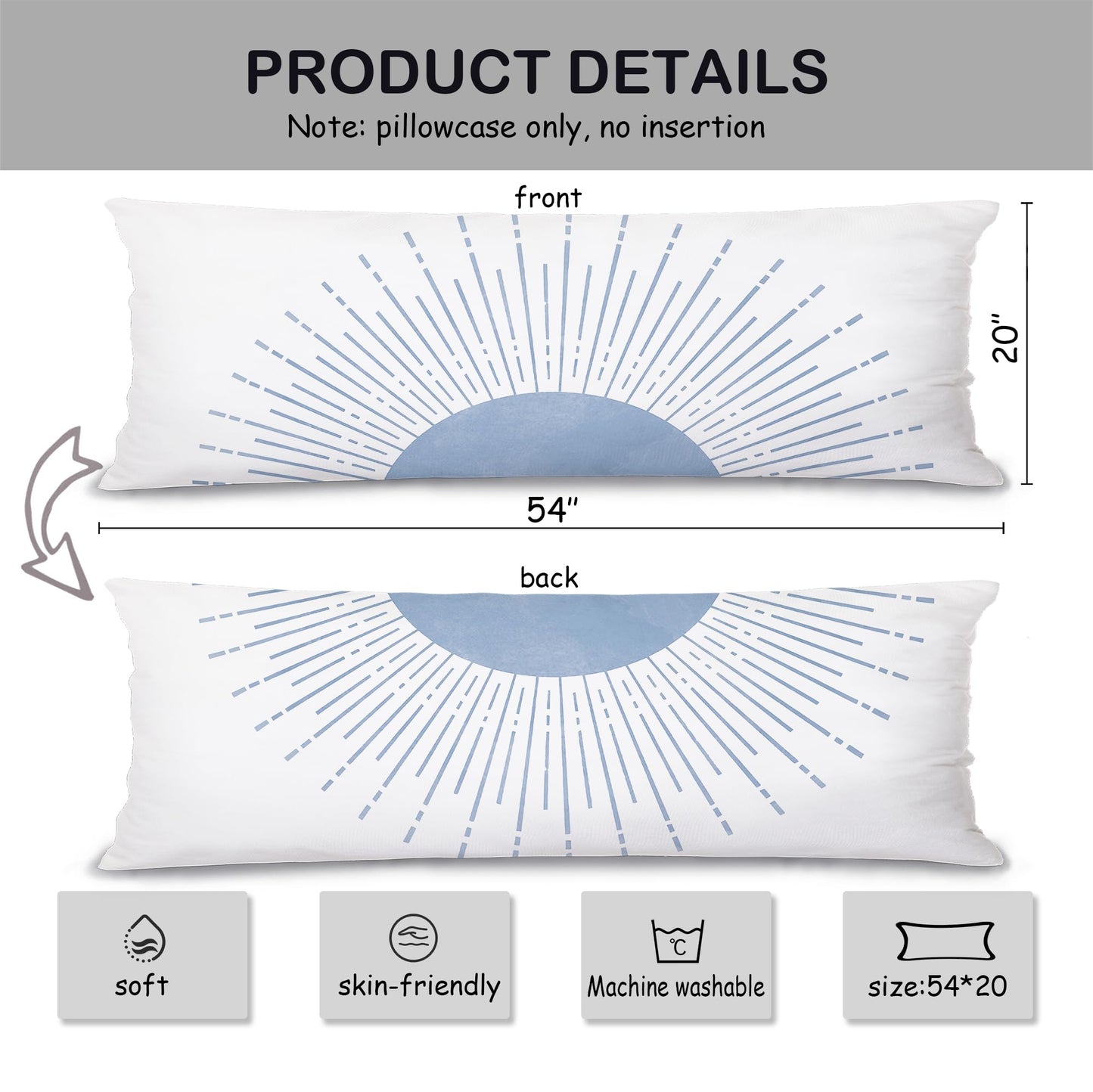 Boho Sun Sunshine 21x54 Body Pillow Cover Case, Modern Neutral Boho Horizontal Sun Sunset Sunrise Decorative Long Hug Pillow Cases for Bed Couch BST220