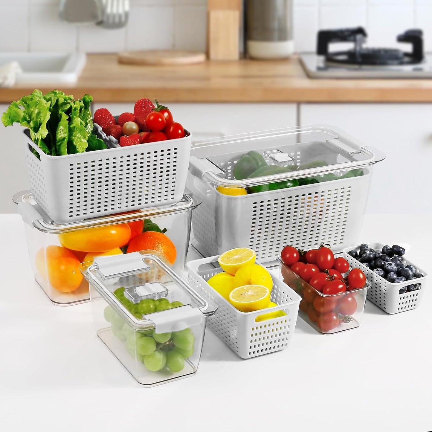 LUXEAR 4 Pack Fruit Vegetable Containers for Fridge, Produce Saver Container with Lids &Removable Colander BPA-free Refrigerator Storage Organizer for Fruit Vegetable, Berry, Meat keep Fresh Longer DD1210