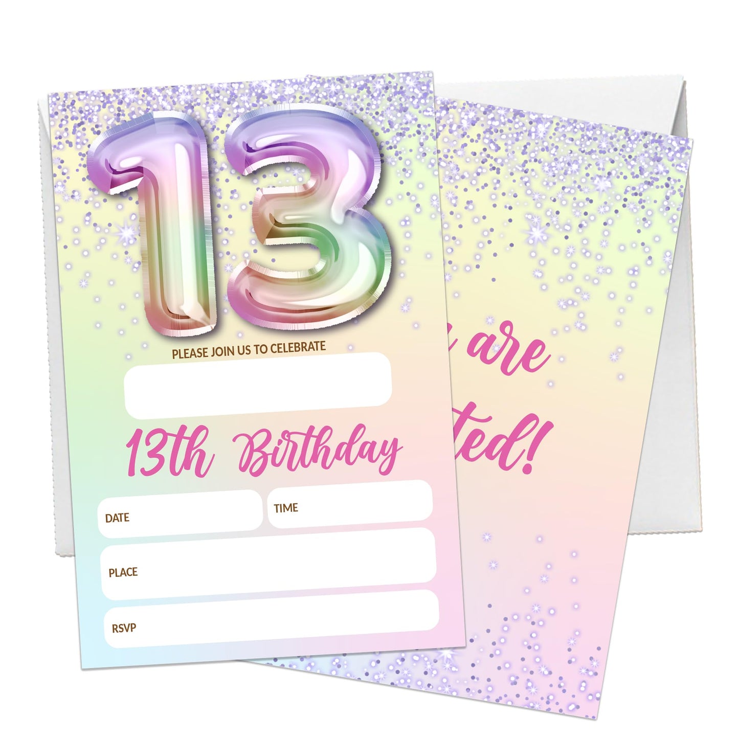 5th Birthday Invitations For Girl,Purple Glitter Birthday Invites, 20 Fill-in Rainbow Balloons Invitation Cards With Envelopes, Fifth Party Decorations 4x6 Inch-D05 WN420