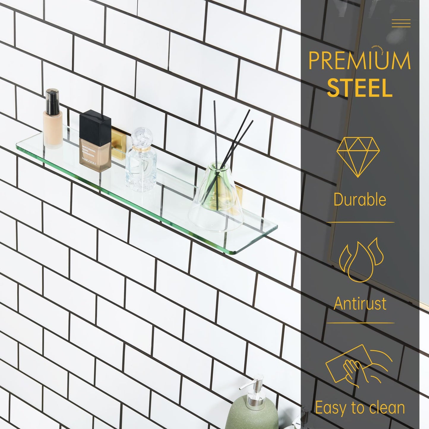 KOKOSIRI Glass Shelf for Bathrooms Floating Shelves Wall Mount 16-Inch for Shower Storage Kitchen Rack, 2 Pack Brushed Stainless Steel B1107BR-L16-P2 BST202