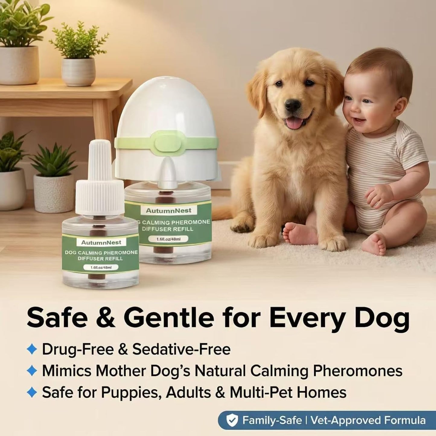 8-in-1 Dog Calming Pheromone Diffuser Kit – Pet Stress Support (2 Plug-Ins & 6x48ml Refills), Calming Diffuser for Dog During Thunderstorms, Travel, Separation, Fireworks & Vet Visits, 180-Day Supply WN420