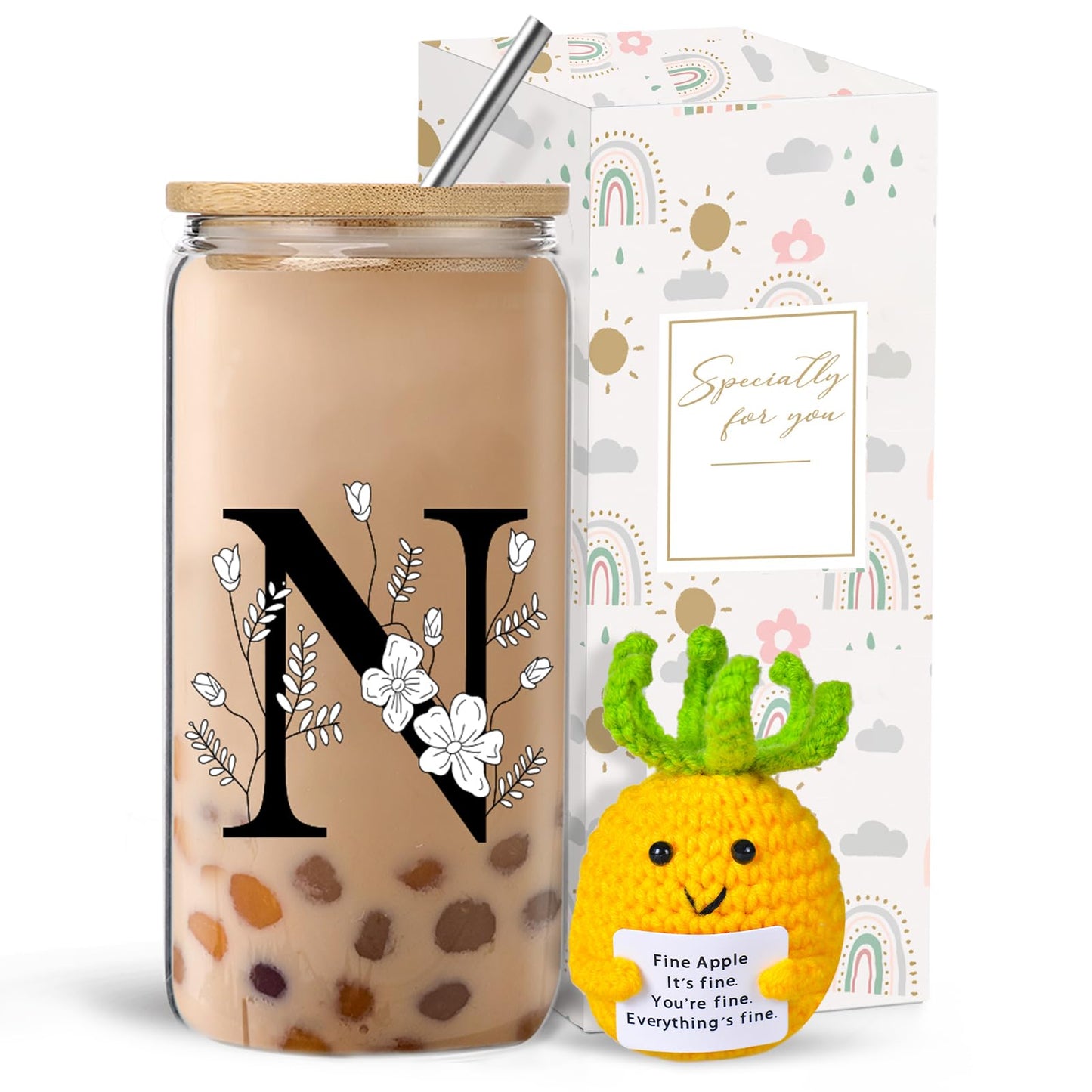 Monogrammed Initial Glass Cup with Lids and Straws gift for Women | Personalized Gift Set with Doll, 16 Oz Ice Coffee Cup ,reusable glass tumbler,Birthday Christmas Gift for Her,U WN420