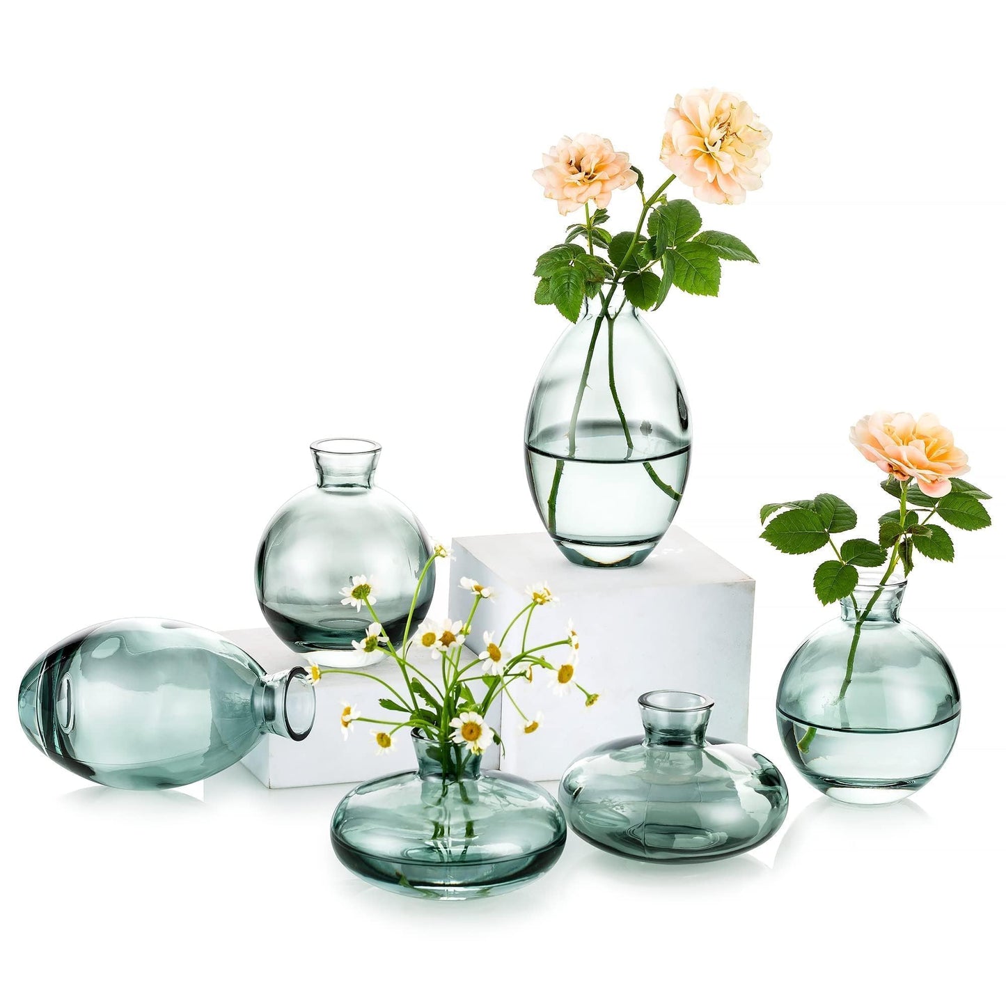 Glasseam Clear Glass Bud Vase, 3Pcs/Set Modern Decorative Small Mini Flowers Vases Short Minimalist Aesthetic Home Decor Vintage Cute Handmade Tiny Wedding Table Centerpieces for Single Flower Rose BST326H