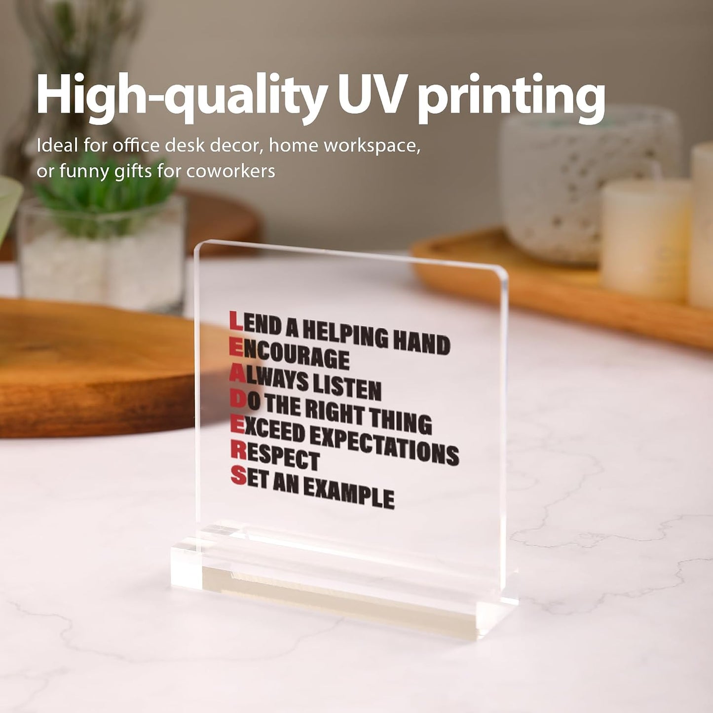 Leaders Acronym Leader Gifts For Boss Coach Manager Appreciation Gifts Inspirational Motivational Acrylic Desk Sign Decor Square Shaped Clear Home Office Desk Decor with Acrylic Stand 3.9 x 3.9 inch Transparent BST220