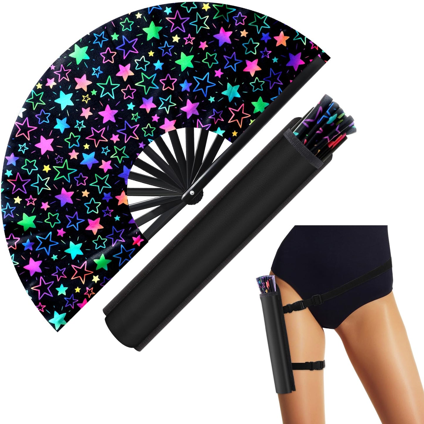 FairySandy Large Rave Fan UV Glow Clack Summer Hand Fan with Thigh Holster for Women Carnival Party Supplies for Carnival Edm Music Festival Club Accessories(Cool Style,Black) WN420