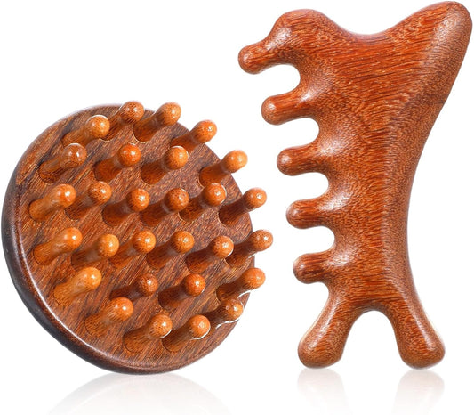 SynHHergyx Wooden Scalp Massager Comb, 2 Pcs Sandalwood Scalp Massager Hair Growth Portable Manual Head Massage Tool Handheld Gua Sha Tool for Woman Men Wet Dry Hair Relaxation Body Head Scalps Care WN420