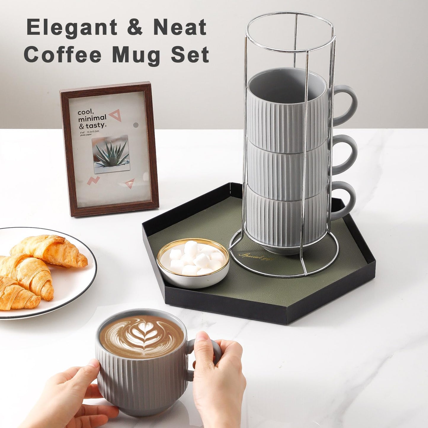 HASENSE 15 oz Ribbed Stackable Coffee Mug Set of 4, Porcelain Latte Cups with Metal Rack, Dishwasher & Microwave Safe, Cappuccino Tea Hot Cocoa, White BST220