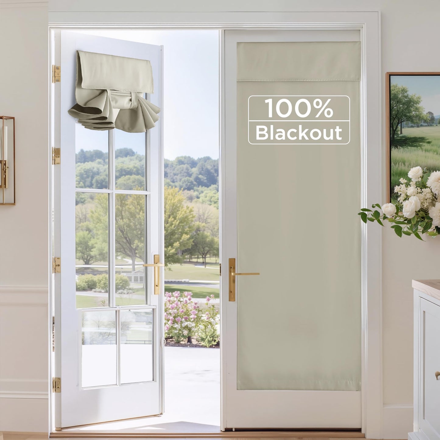 RYB HOME 100% Blackout French Door Curtains for Door Window - Room Darkening No Coating Thermal Insulated Privacy Protection Adhesive Cover for Glass Window, W 26 x L 40, 1 Panel, Black BST220