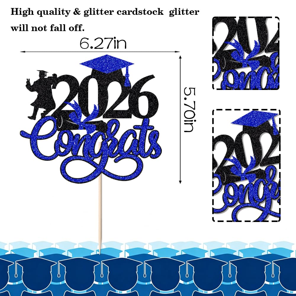 24Pcs Graduation Cupcake Topper, Glitter Class of 2026 Cupcake Topper Supplies for 2026 Congrats Grad Cap Diploma Cake Decor Graduate Celebration Party Cake Decorations Supplies (Black - 24) BST326L