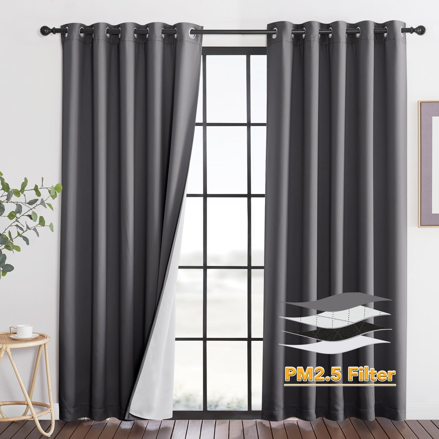 RYB HOME 4-in-1 Dust Filtering Soundproof Blackout Insulating Privacy Window Curtains for Nursery Bedroom Living Room Rivider Sound Absorption Sheet, Black, W52 x L90 inch, 2 Panels BST220