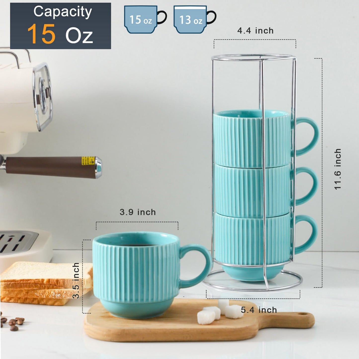 HASENSE 15 oz Ribbed Stackable Coffee Mug Set of 4, Porcelain Latte Cups with Metal Rack, Dishwasher & Microwave Safe, Cappuccino Tea Hot Cocoa, White BST220