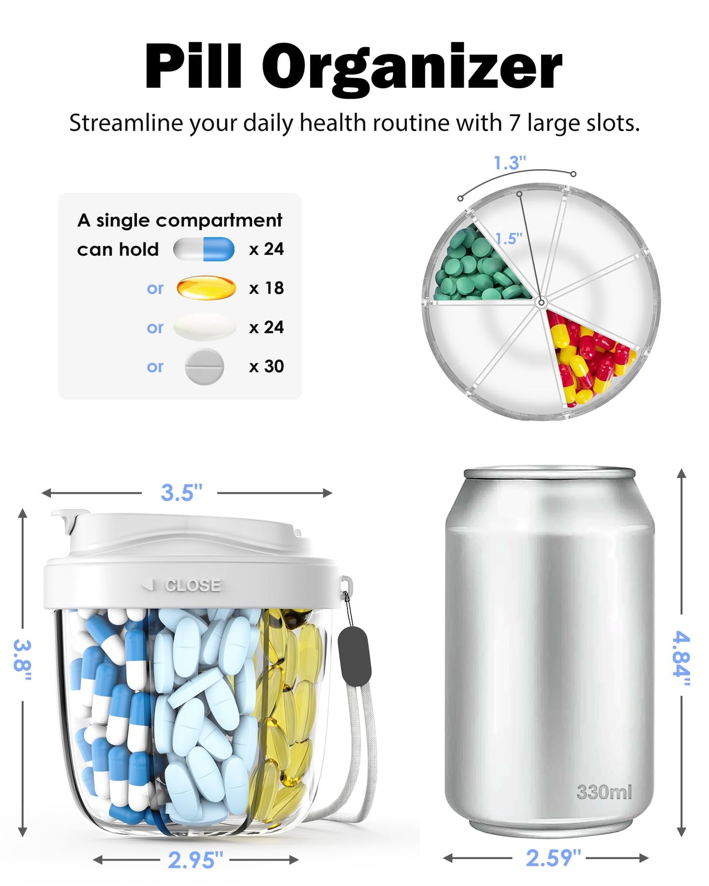Cute Pill Organizer,Pill Dispenser with 7 Large Compartments,Portable Pill Bottle Box with Wide Opening for Easy Use, Anti-Mix Pills Organizer for Travel,Includes 20 Pcs Sticky Labels(Black) WN420