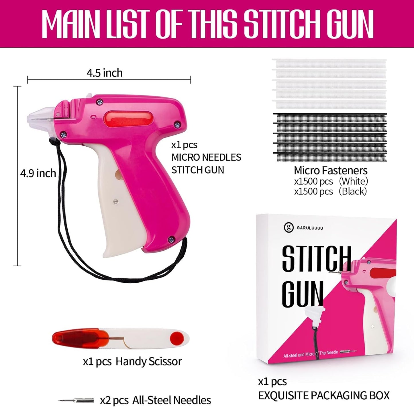 Stitch Gun，Stitch Gun for Clothes，Stitch Gun with Micro Needle，Stithcy Clothing with Handheld，Includes 2 All-Steel Needles，1 Scissor，1500 Black & 1500 White Micro Fasteners，Easy to Play or Use (2800)