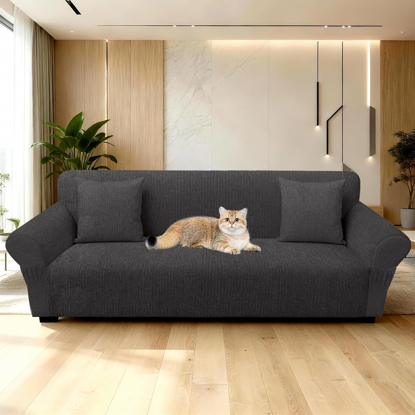 Sofa Slipcover with 2 Pillow Cover for 3 Cushion Couch, Non Slip Furniture Protector with Elastic Bottom, Washable Sofa Cover for Kids, Pets (Sofa, Navy) BST326H