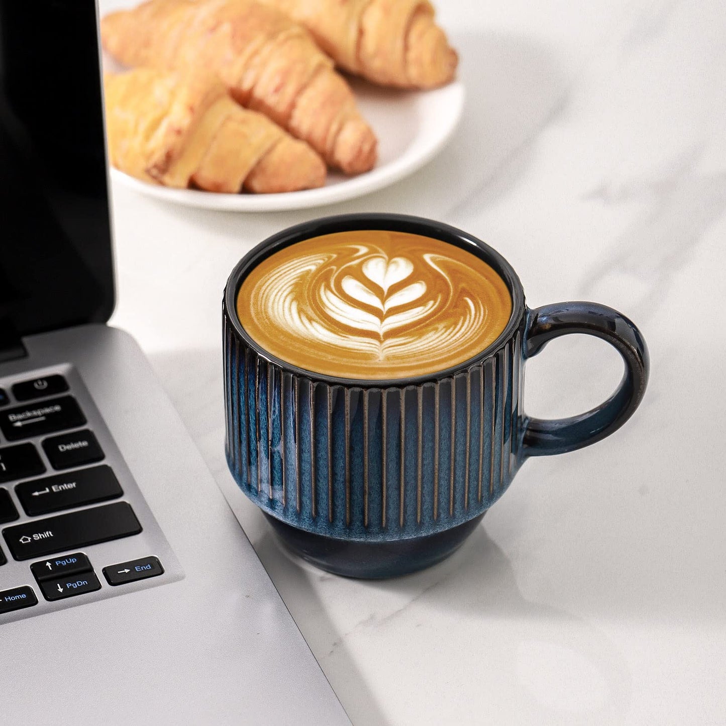 HASENSE 15 oz Ribbed Stackable Coffee Mug Set of 4, Porcelain Latte Cups with Metal Rack, Dishwasher & Microwave Safe, Cappuccino Tea Hot Cocoa, White BST220