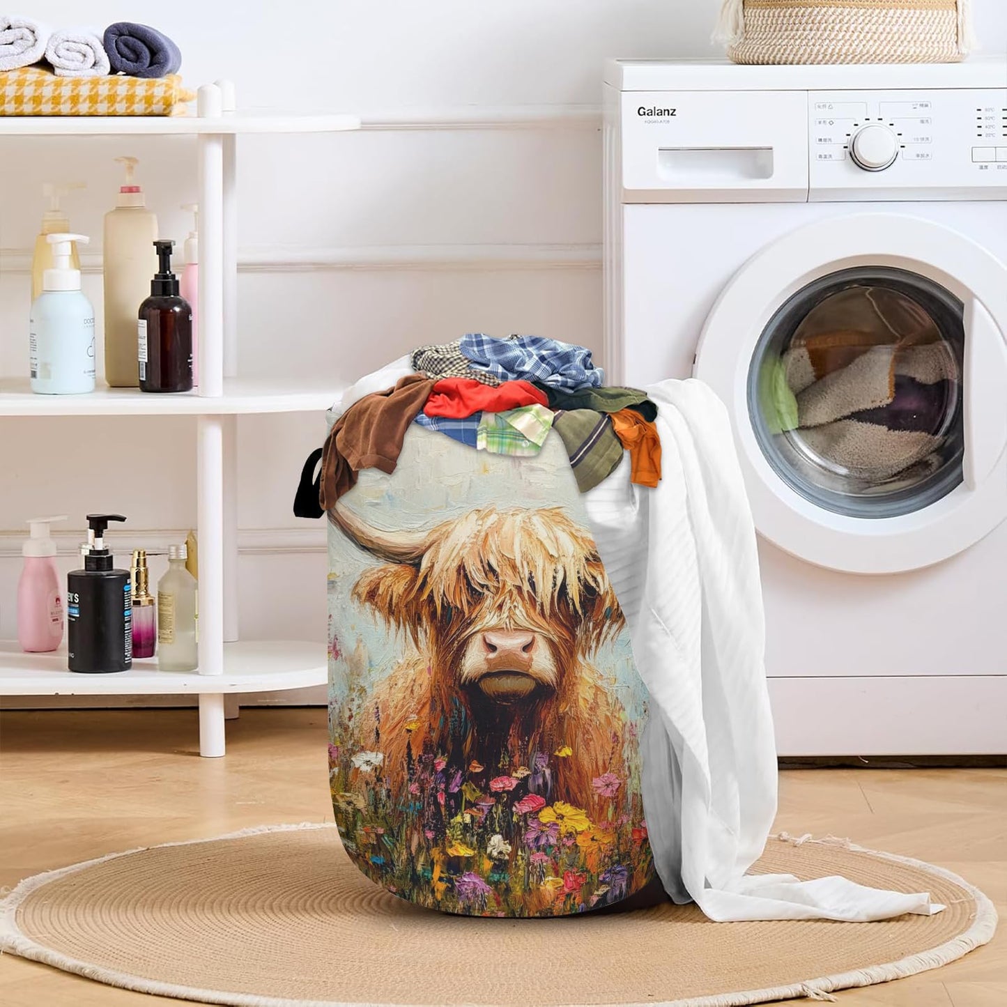 Nature Cow Print Laundry Basket with Sturdy Handles, Cow Skin Collapsible Oxford Cloth Laundry Hamper Organizer Basket for Bathroom Bedroom 15.7x20 Inch BST220