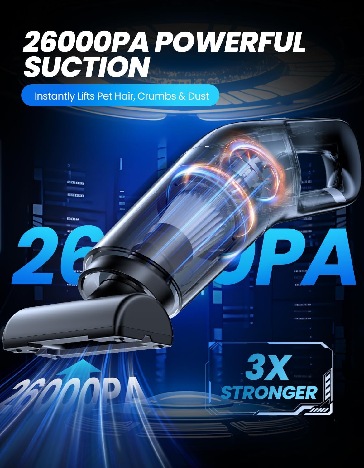 Handheld Vacuum Cordless, 26,000 Pa High Power Suction, Portable Rechargeable Car Vacuum Cleaner for Home, Office, Pet Hair, Car Detailing, Black