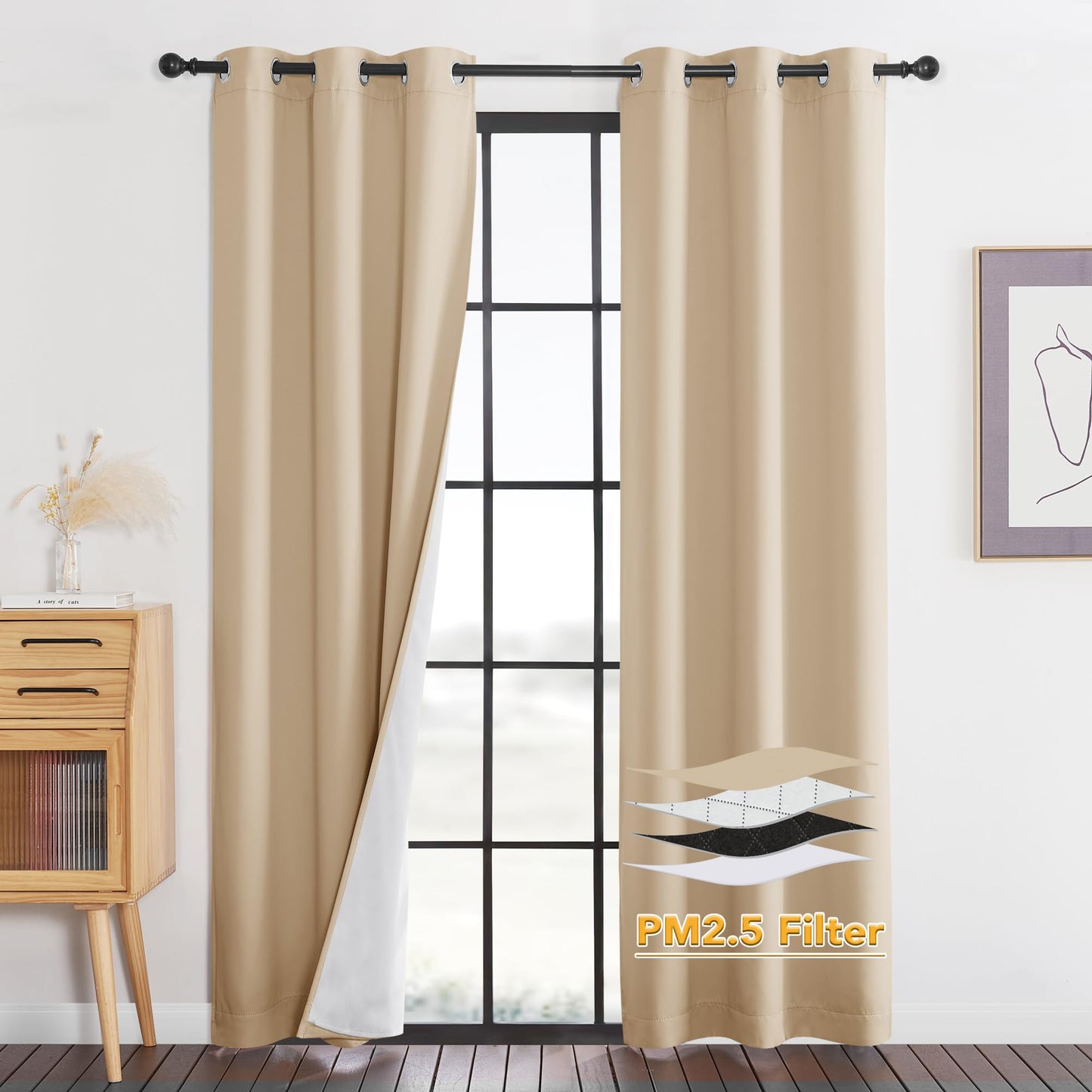 RYB HOME 4-in-1 Dust Filtering Soundproof Blackout Insulating Privacy Window Curtains for Nursery Bedroom Living Room Rivider Sound Absorption Sheet, Black, W52 x L90 inch, 2 Panels BST220