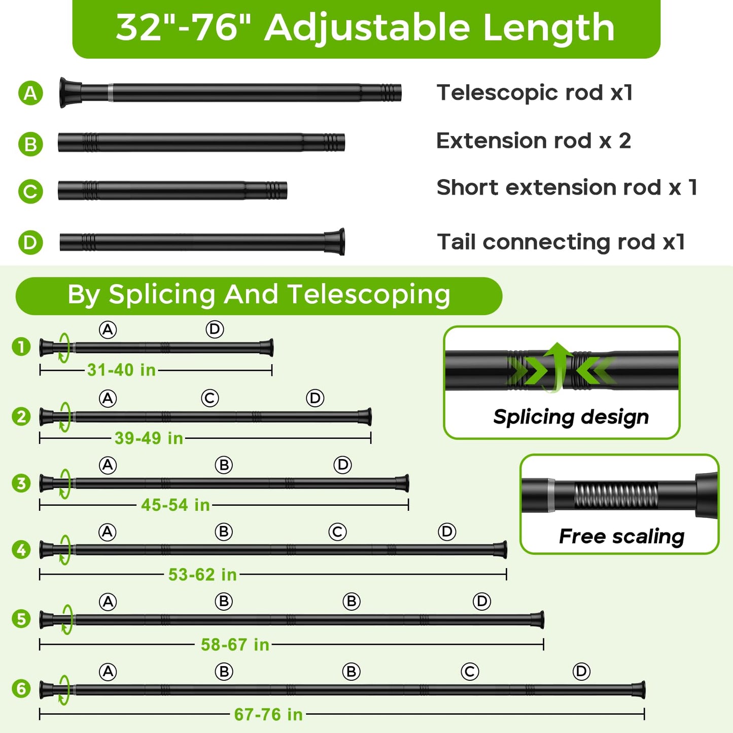 White Shower Curtain Rod 32 to 76 Inches Adjustable, 7/8 Inch Diameter Heavy Duty Tension Curtain Rods No Drill, Rust-Resistant Tension Rod for Bathroom, 1 Pack BST326H