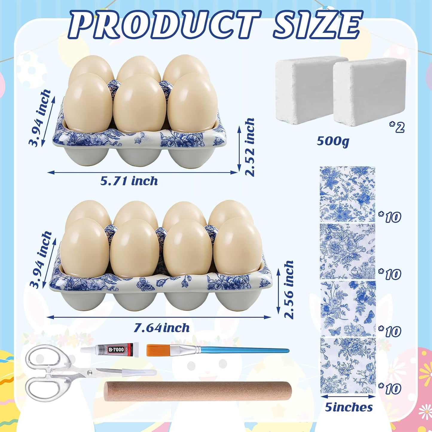 Jenaai 48 Pcs Chinoiserie Blue White Floral Clay DIY Kit, Clear Plastic Tray Craft Set Storage for Jewelry, Keys, Family Home Decor Gifts Include 40 Decoupage Napkins 2 Clear Tray 2 Clay BST220