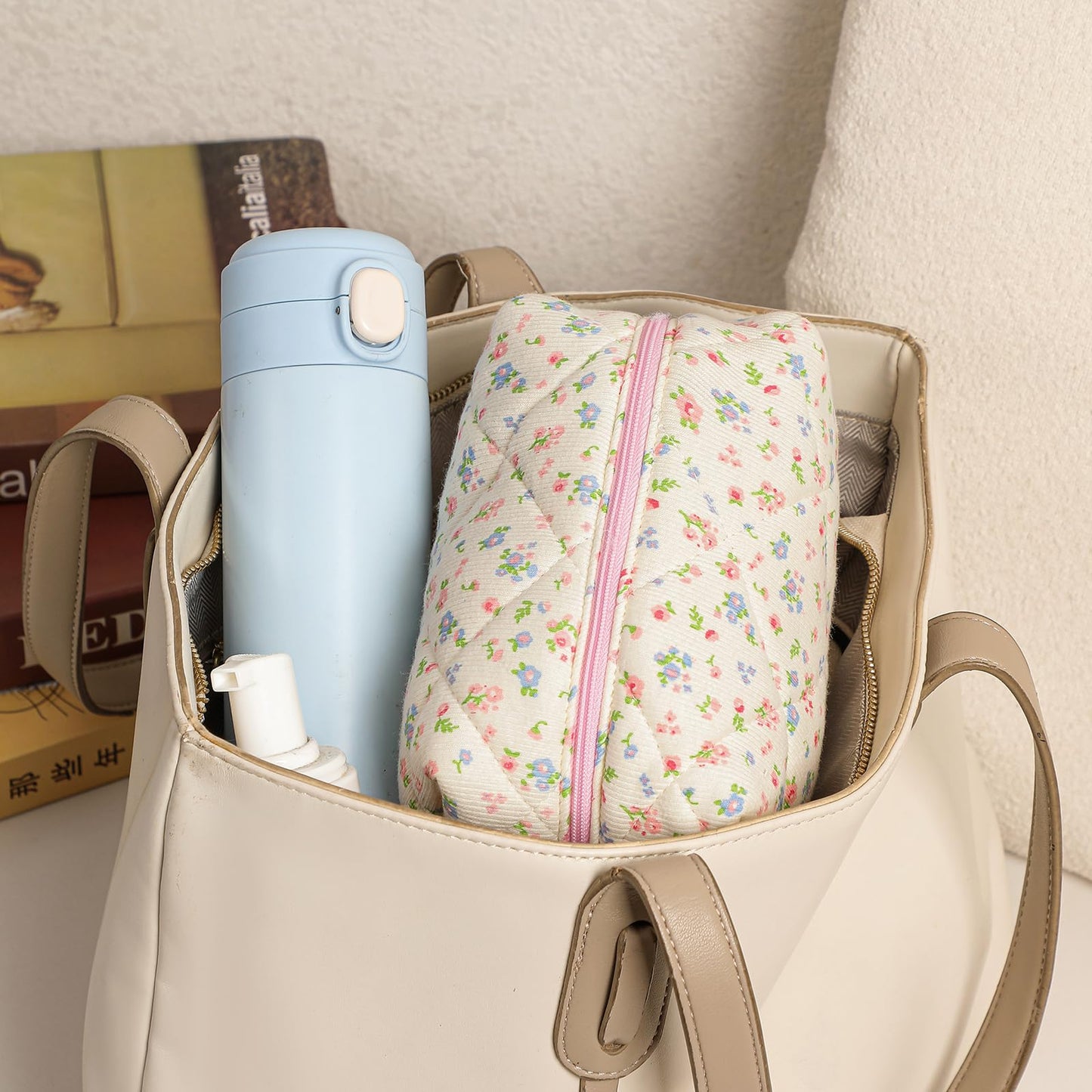 Cute Small Floral Cotton Makeup Bag, Quilted Zipper Pouch with Coquette Bear for Women and Girls, Kawaii Travel Cosmetic Bags for Purse(07Yellow and Pink Flower) BST220