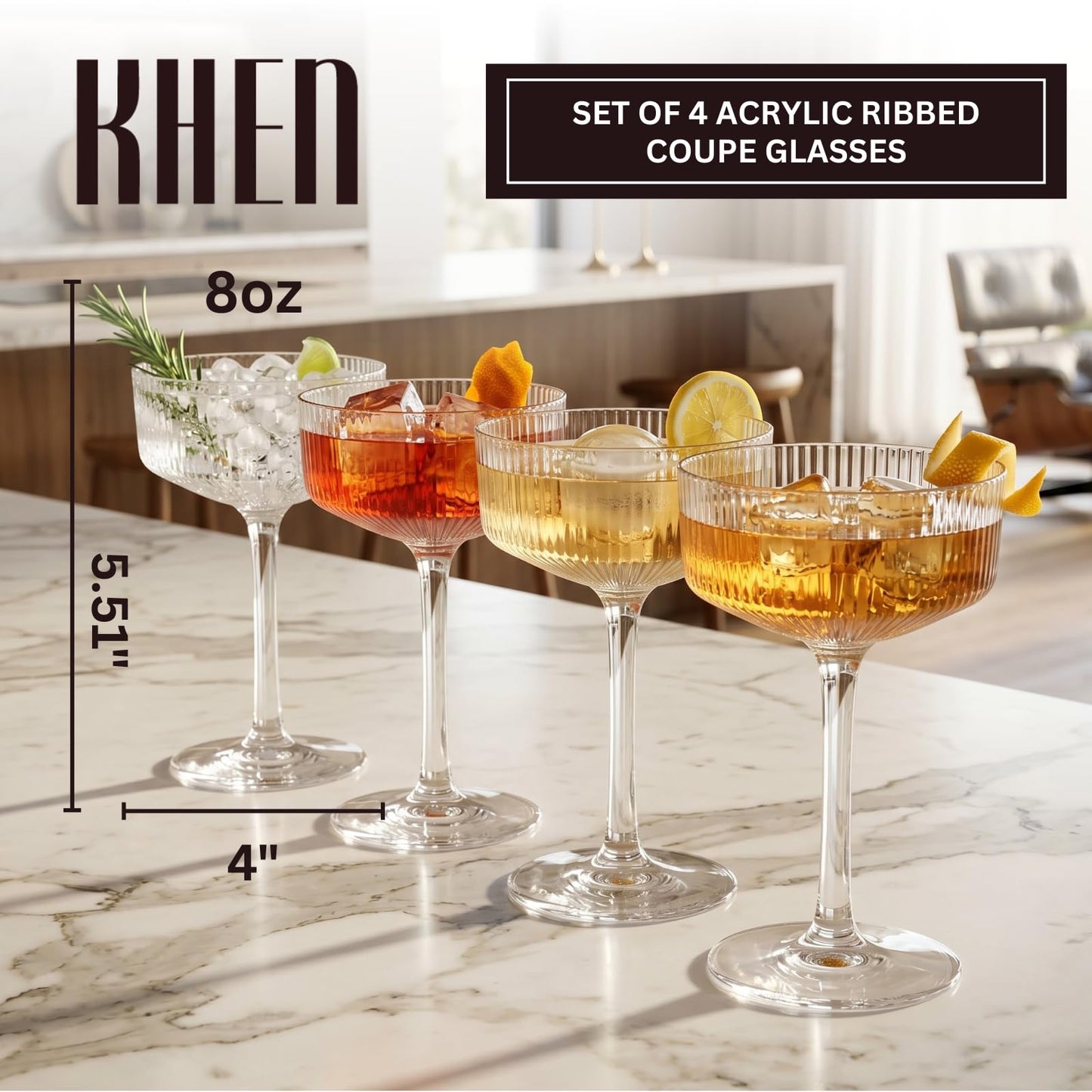 Khen Pink Peach Acrylic Ribbed Coupe Martini Champagne Cocktail Glasses, Set of 4, 8 oz Shatterproof Ripple Stemware European Style Reusable Drinkware Goblets, Indoor Outdoor Parties Weddings Bar Gift BST220