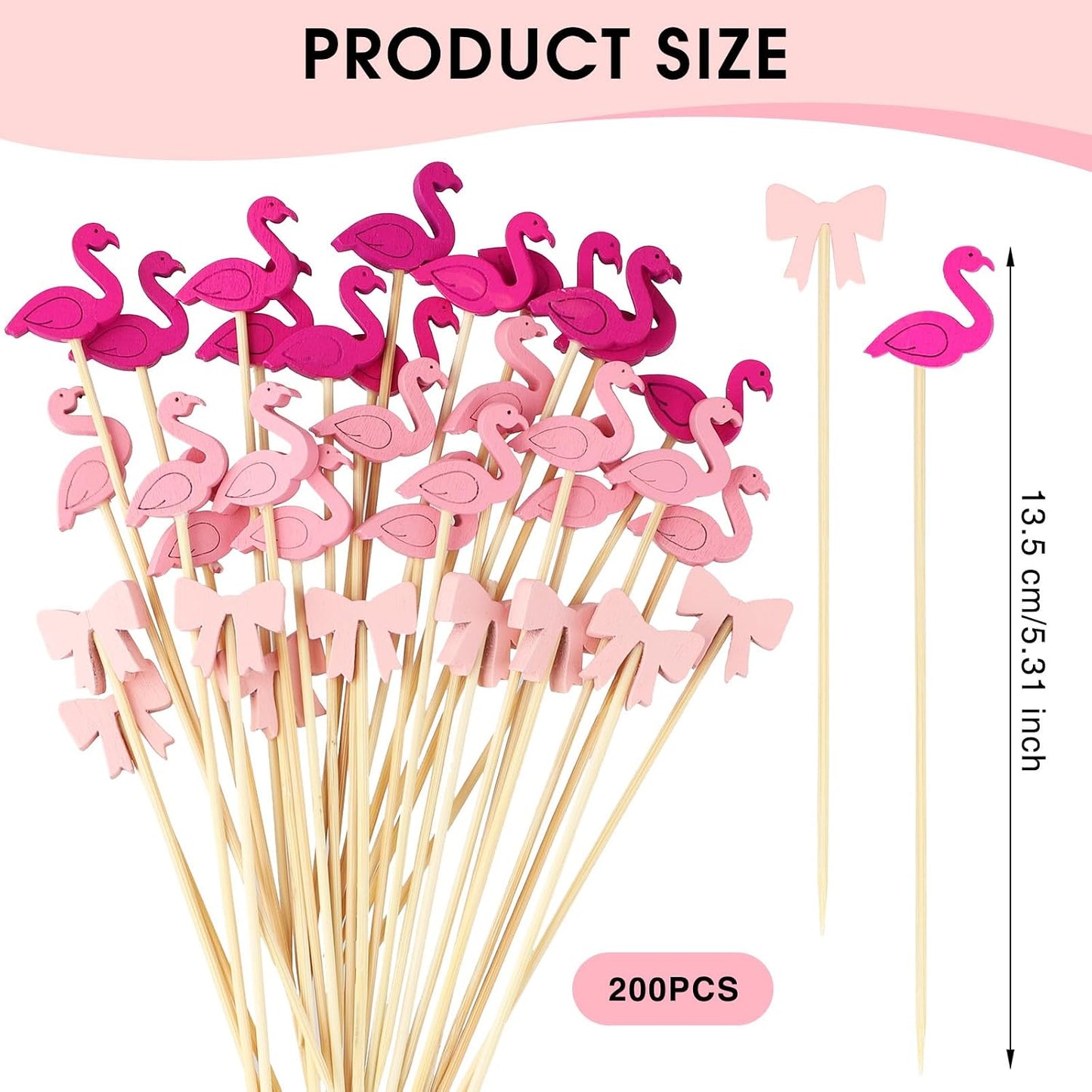 200 Pcs Pink Cocktail Picks Set, 4.72 Inch Bow and Flamingo Toothpicks for Appetizers Birthday Party Decoration BST220