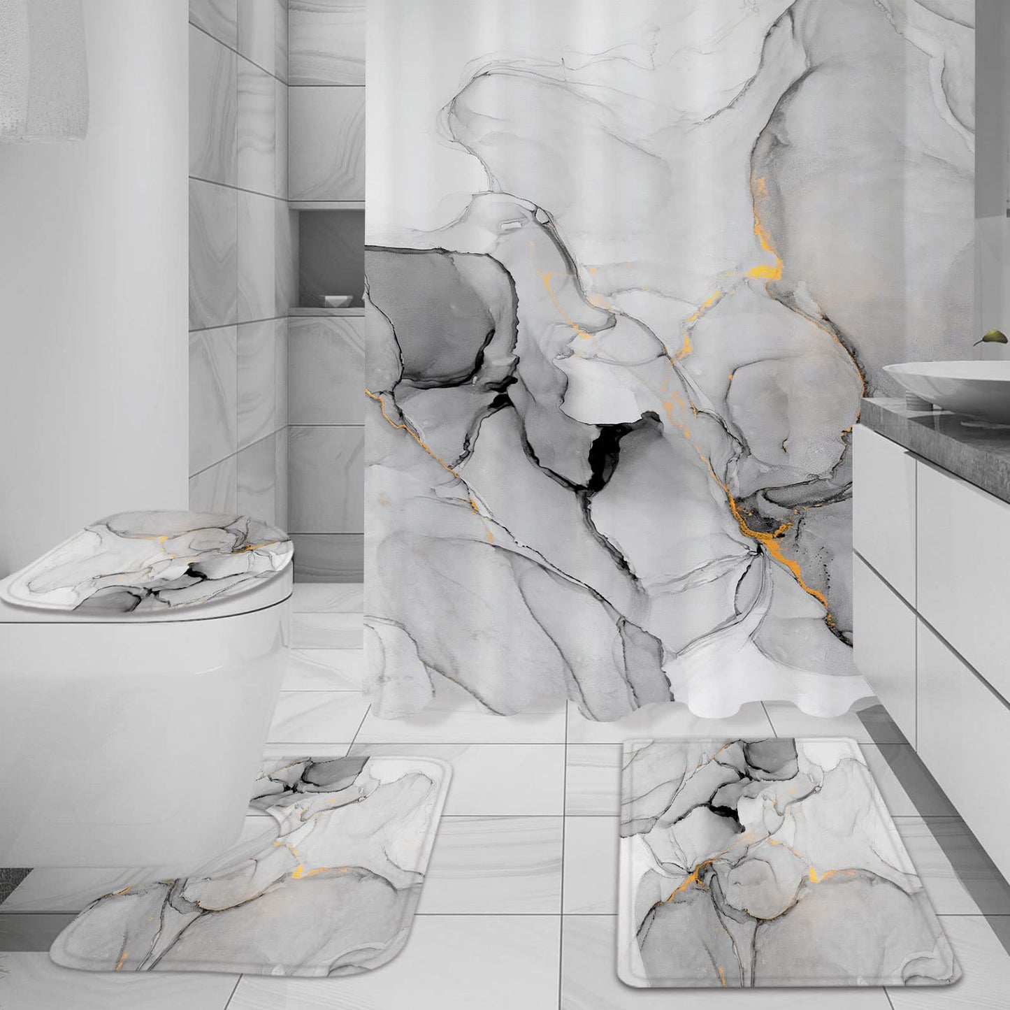 Gibelle 4 Pcs Bathroom Shower Curtain Set with Non-Slip Rugs, Toilet Lid Cover and Bath Mat, Grey Blue Marble Bathroom Decor Set with Shower Curtain and Rugs and Accessories BST326H