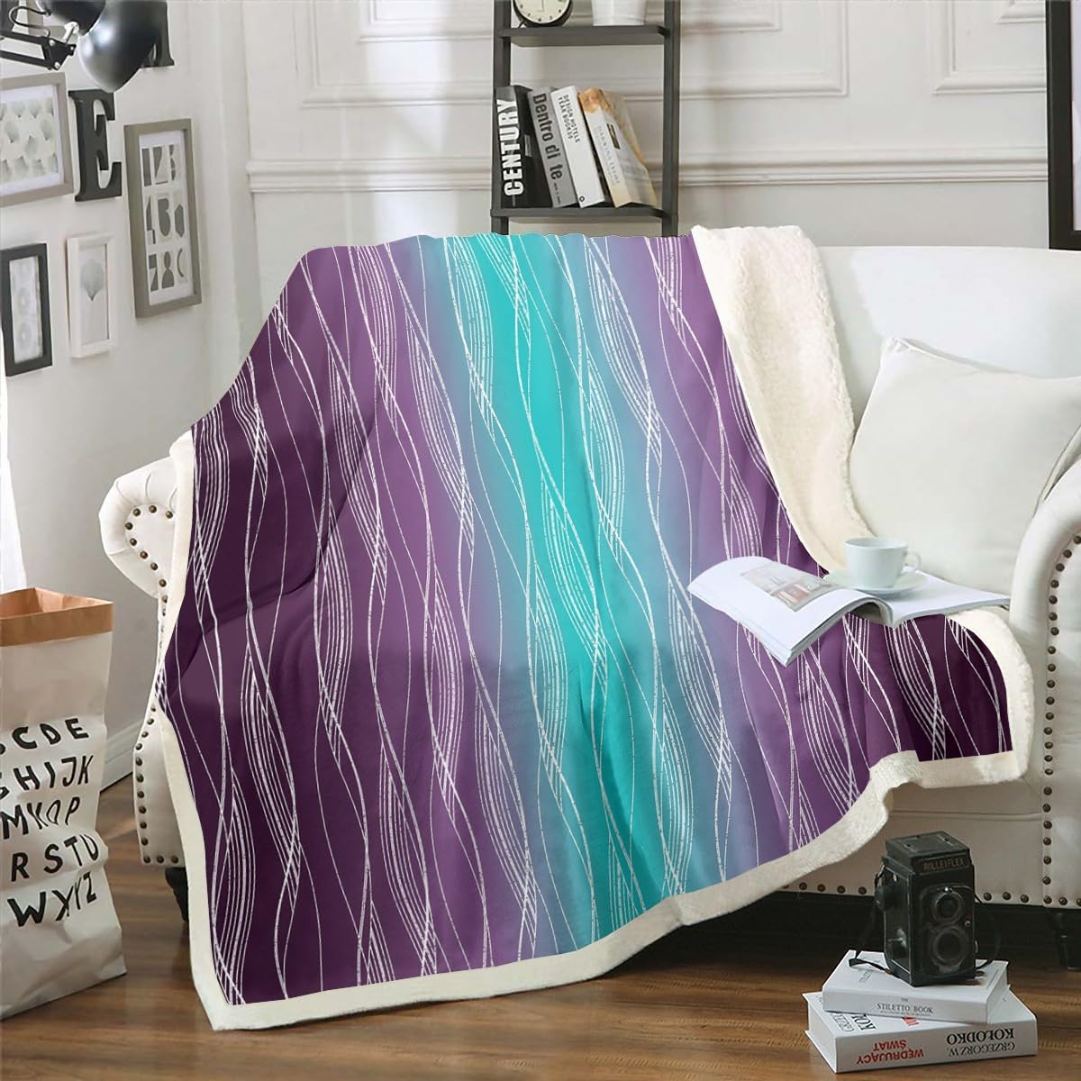 Erosebridal Boys Blue Red Throw Blanket 40"X50" Abstract Ombre Kids Fleece Bed Blanket Geometric Striped Sherpa Blanket Silver White Wavy Line Warm Fuzzy Blanket Soft Lightweight Bedroom Decor BST326H