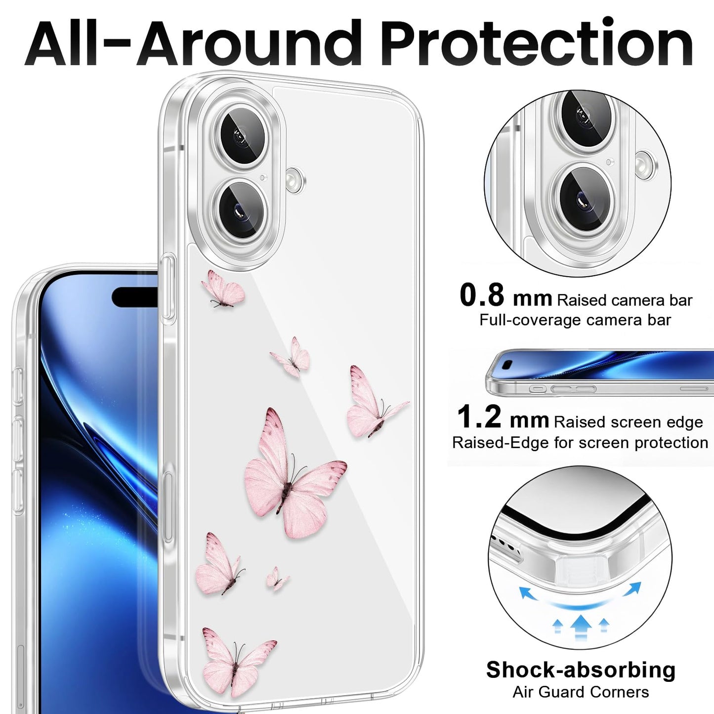 Cute Girly Crystal Clear Case Compatible with iPhone 16 Pro, Camera Control & Shockproof Protection Floral Case for Women, Blue Butterflies WN420