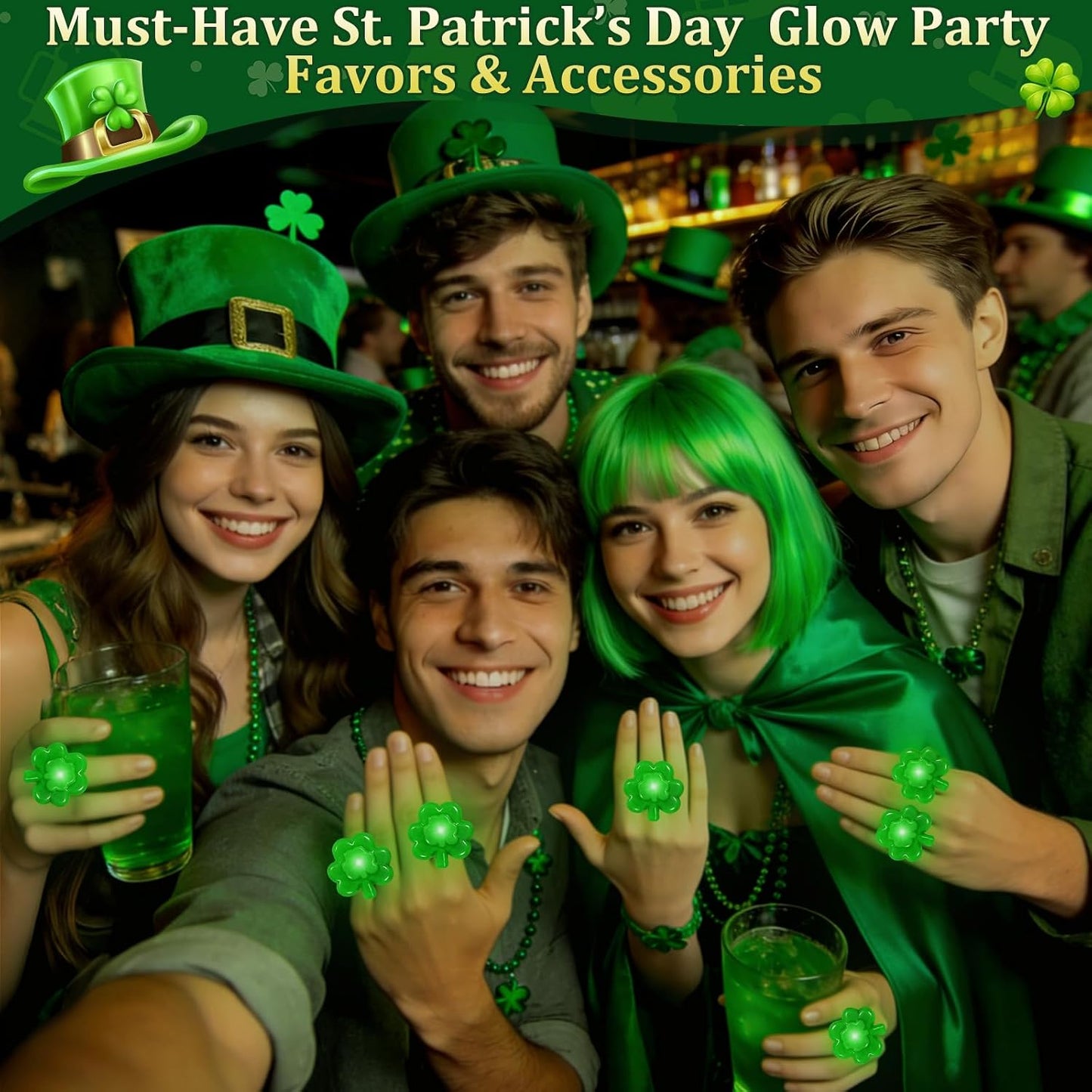 iGeeKid 24 Pack St. Patricks Day Green Shamrocks LED Light Up Ring for Adults St. Patricks Party Accessories Favors LED Finger Lights Glow in The Dark Carnival Party Supplies Gift Toy WN420
