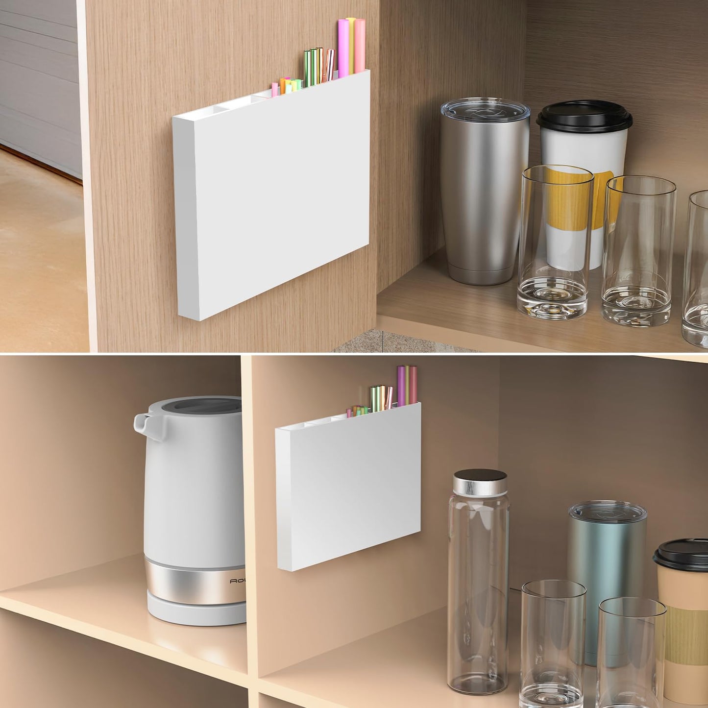 NiHome 10” Large Clear Acrylic Straw Holder for Cabinet Door – Fully Enclosed Straw Organizer for Cabinet Doors or Countertops, Ultra Sticky Mount, Space-Saving Kitchen Accessories Container BST326H