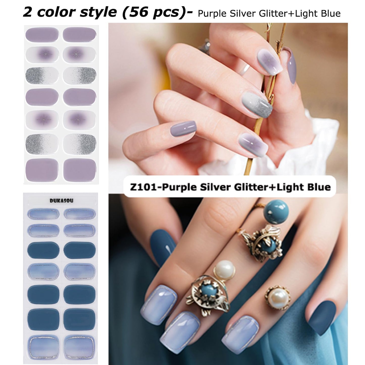 Semi Cured Gel Nail Strips, 56Pcs Nail Art Stickers/Wraps, Long Lasting UV Nail Polish Strips for Adults (Silver Rhinestones+French Tip Glitter) BST220