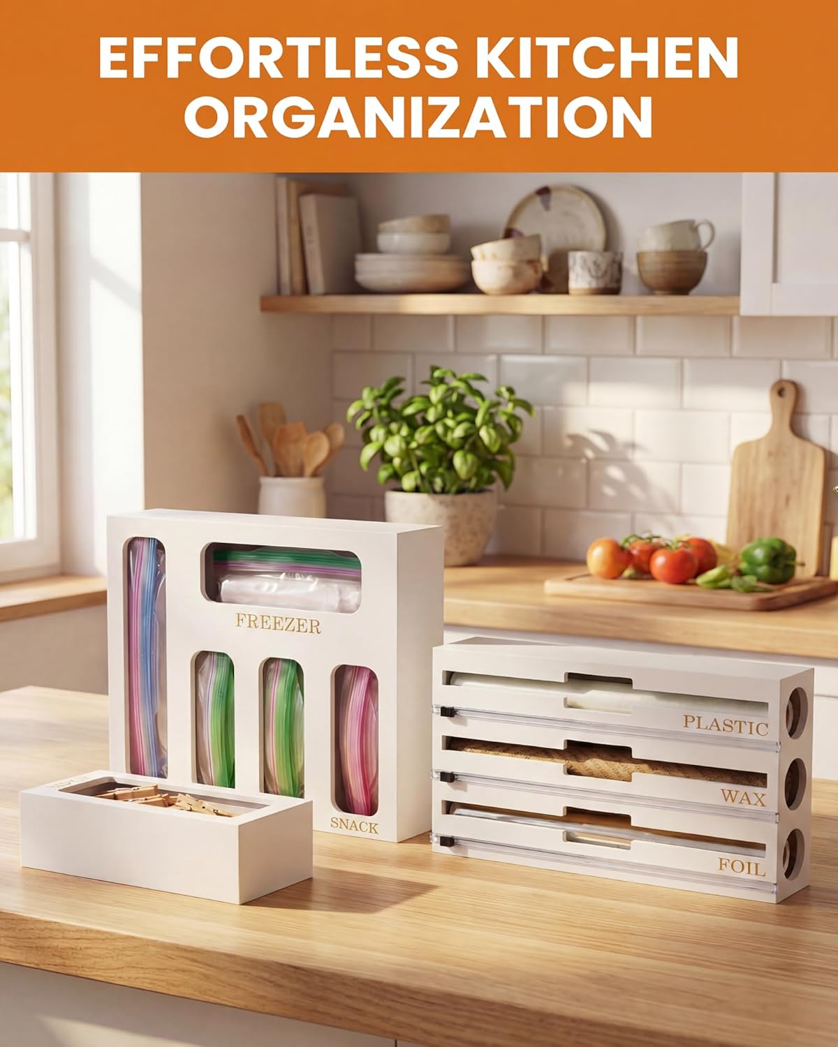 Bamboo Foil and Plastic Wrap Organizer for Kitchen Drawer, 9 in 1 Plastic Bag Organizer Organization and Storage, Food Storage Bag Organizer with Labels for Quart Gallon Snack (White) DD1210