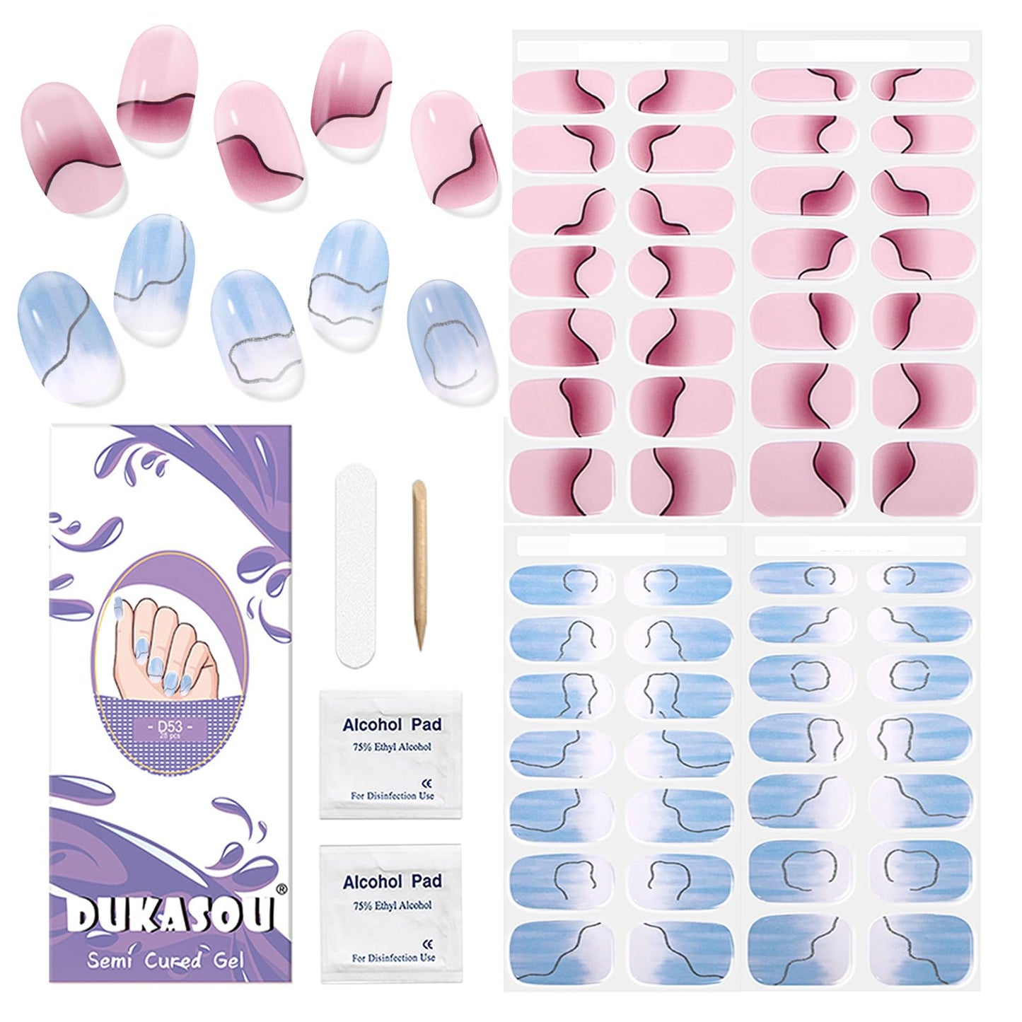 Semi Cured Gel Nail Strips, 56Pcs Nail Art Stickers/Wraps, Long Lasting UV Nail Polish Strips for Adults (Silver Rhinestones+French Tip Glitter) BST220