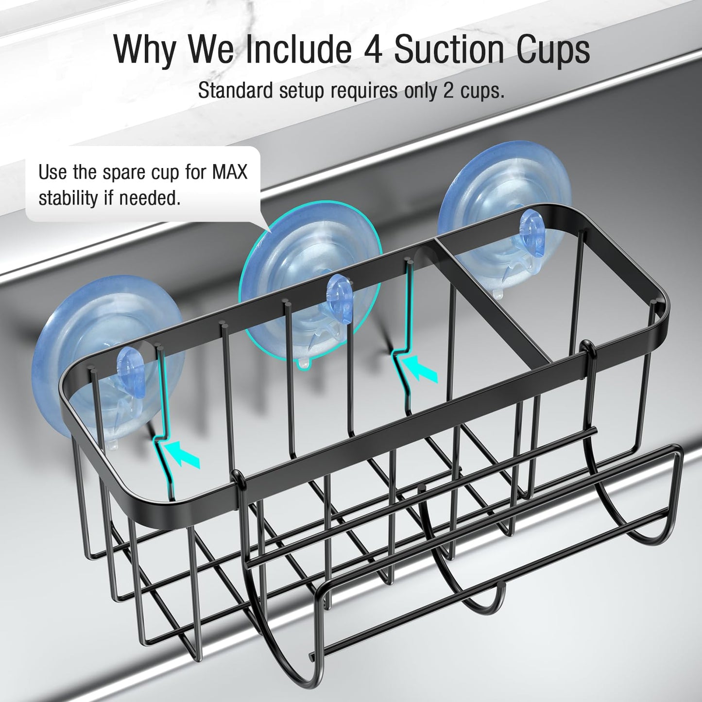 3-in-1 Kitchen Sink Caddy Organizer with Sponge Holder, Brush Holder, Extra Rack for Scrubber, Sink Stopper, Dish Cloth Hanger - Strong Dual Suction Cup, 2.0mm SUS304 Stainless Steel - Grey WN420