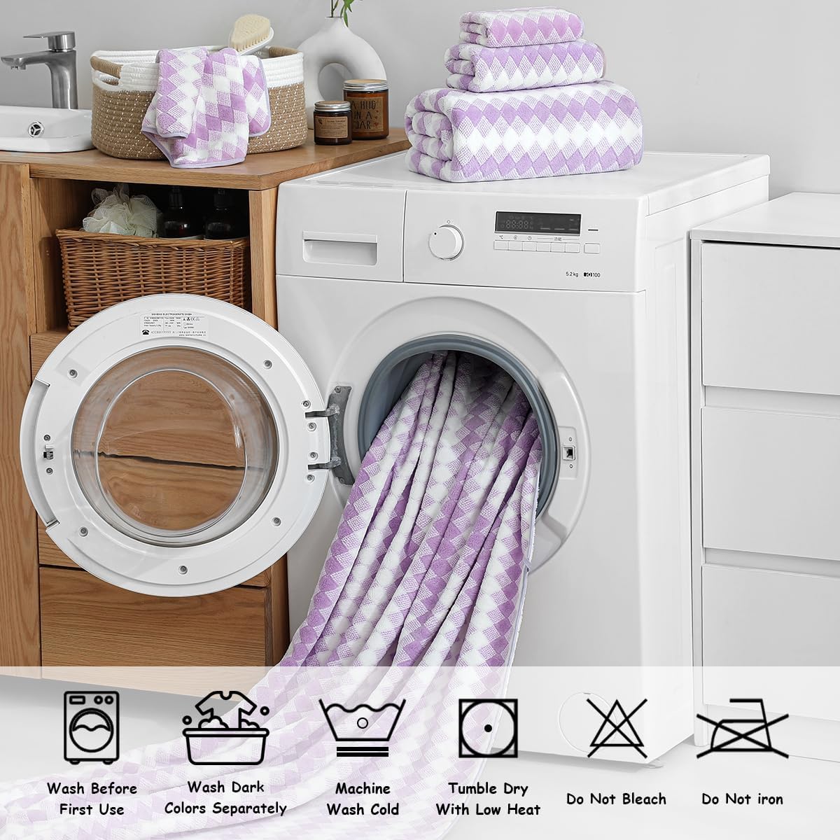 12 Pcs Light Gray Diamond Towel Set-4 Bath Towels,4 Hand Towels,4 Washcloths Soft Polyester Towels with Loop Absorbent Shower Towel Quick Dry Beach Chair Towel Family Towels for Bathroom Spa Gym Pool BST220