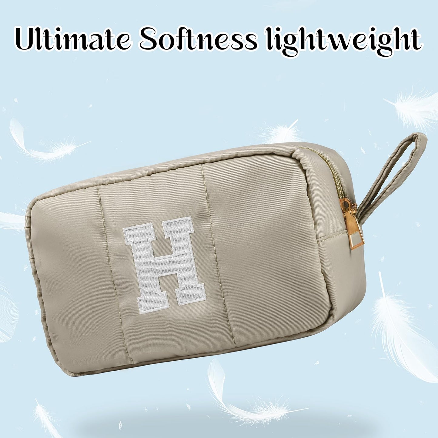 Puffy Makeup Bag for Women,Initial Cosmetic Bag,Cute Travel Toiletry Bag,Puffer Make Up Organizer Bags with Compartments,Personalized Gifts for Girlfriend Bridesmaid Teacher Graduation (Khaki gray, E) BST202