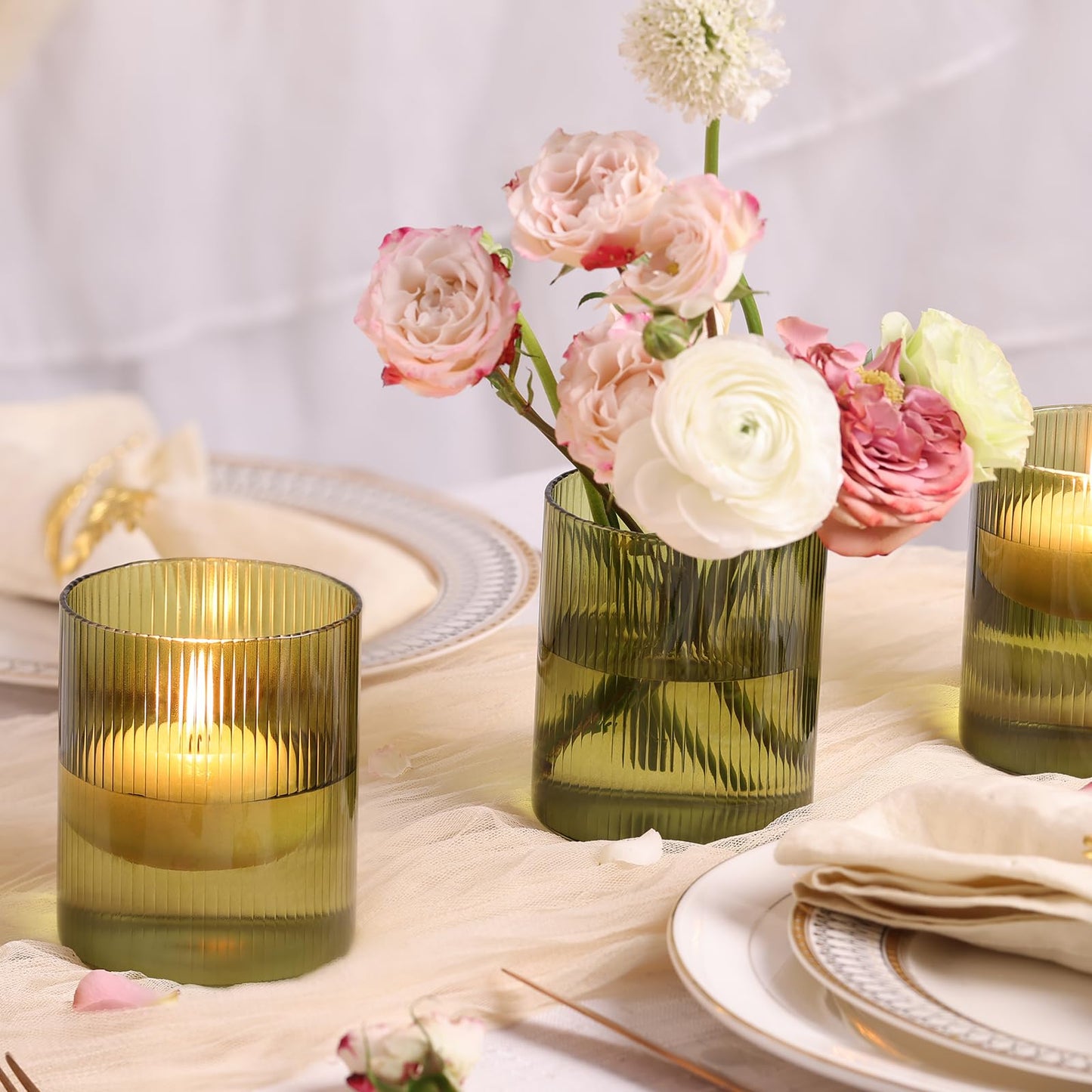 Glass Ribbed Cylinder Vases, 8 Inch Tall, Clear, Pack of 3 | Flower Vases in Bulk, Hurricane Floating Candle Vases, For Party Home Decor BST326H