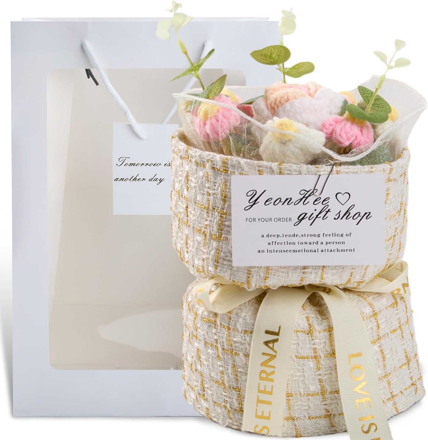 Crochet Bouquet Finished Product - Handmade Knitted Flowers & Pink Roses, Everlasting Yarn Flowers Bouquet in Gift Bag, 8.3” Artificial Flores de Crochet Decor for Mother’s Day Birthday BST202