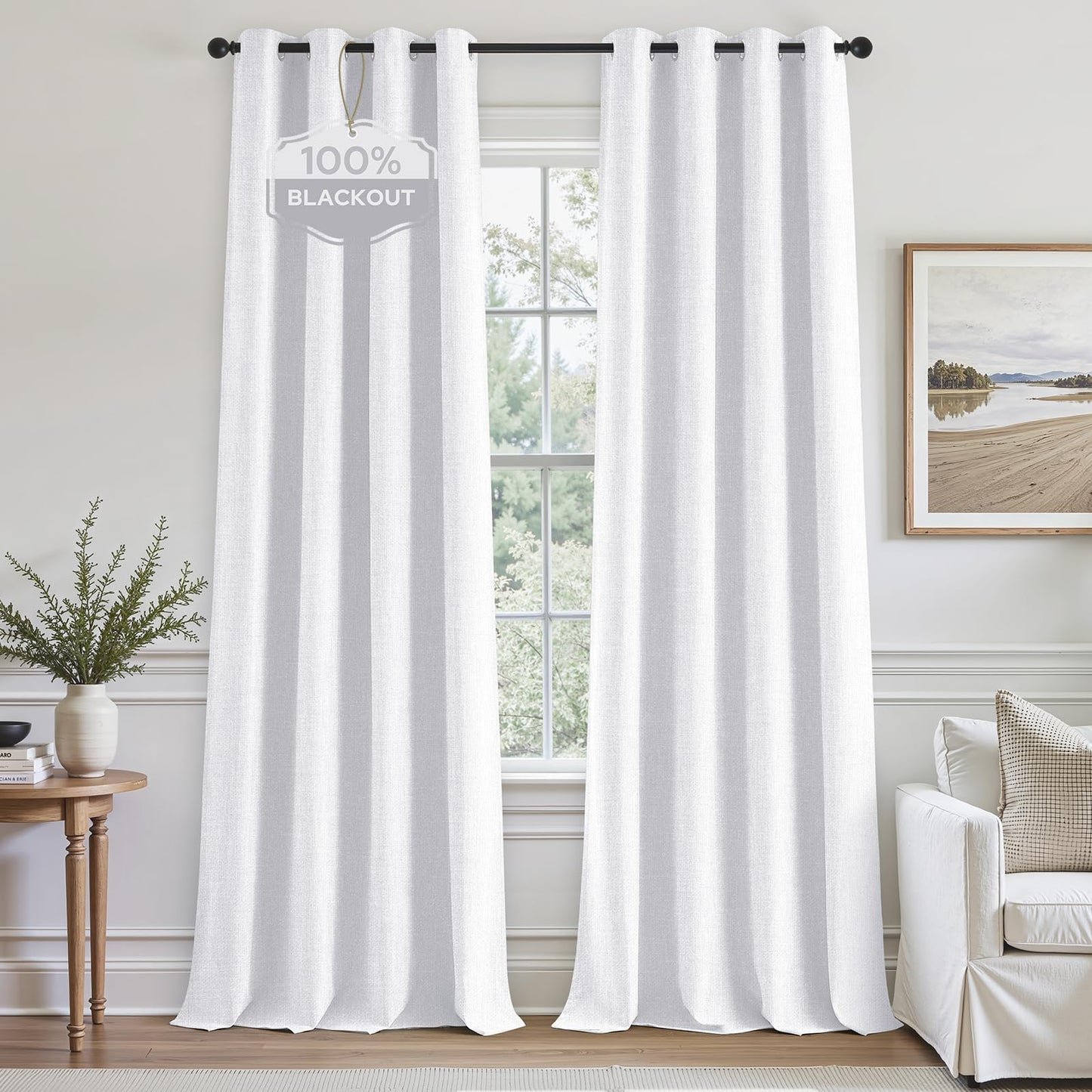 HOMEIDEAS 100% Ivory Cream Linen Blackout Curtains for Bedroom, 52 x 96 Inch Length 2 Panels Faux Linen Thermal Insulated Black Out Grommet Window Drapes for Living Room BST202